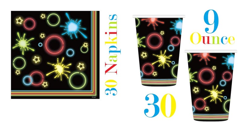 Oojami Neon Glow Party Set for 30 Guests â€“ Includes 9" Plates, 7" Plates, 9 oz Cups, Napkins, 54"x108" Table Cover â€“ Colorful Neon Decor for Birthdays - Image 2